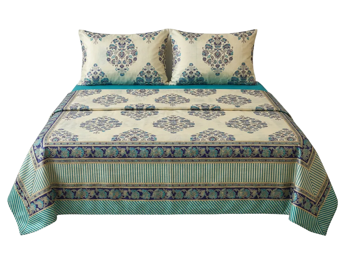 Metropolis Off-white Gold Blue Bedsheet Set