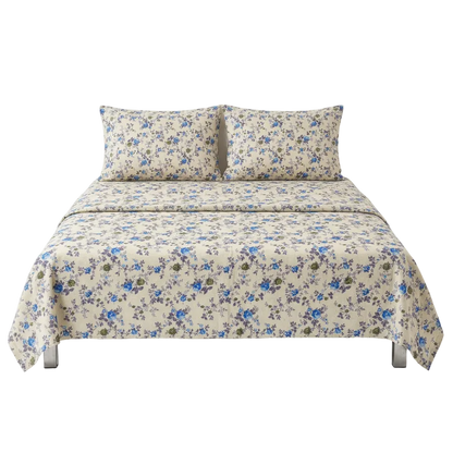 Japanese Blue Flower Off-White Bedsheet Set