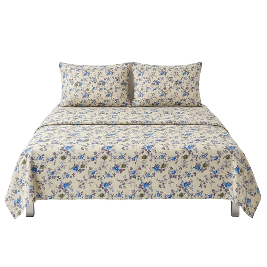 Japanese Blue Flower Off-White Bedsheet Set