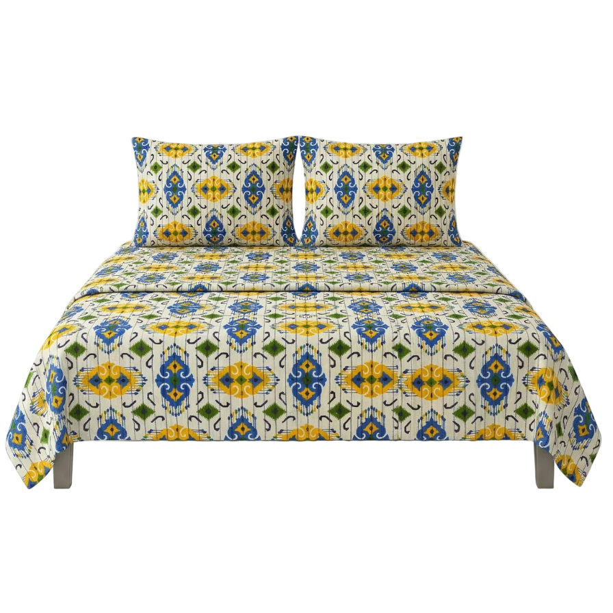 Patola Off-White Blue Yellow Design Bedsheet Set