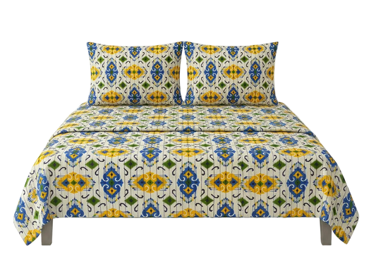 Patola Off-White Blue Yellow Design Bedsheet Set