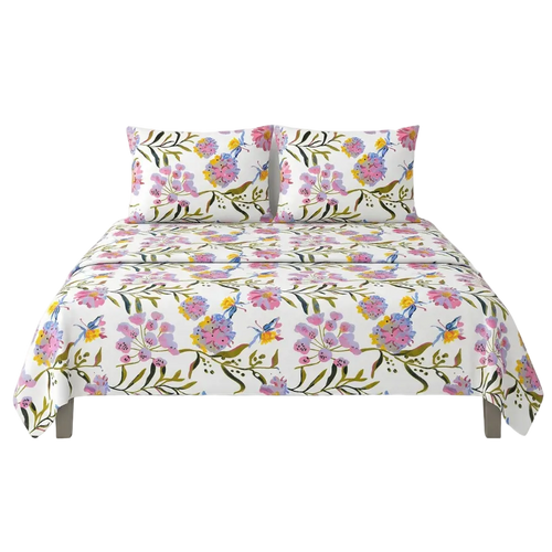 Metropolis Hilton King Size Bedsheet Set (White Floral)
